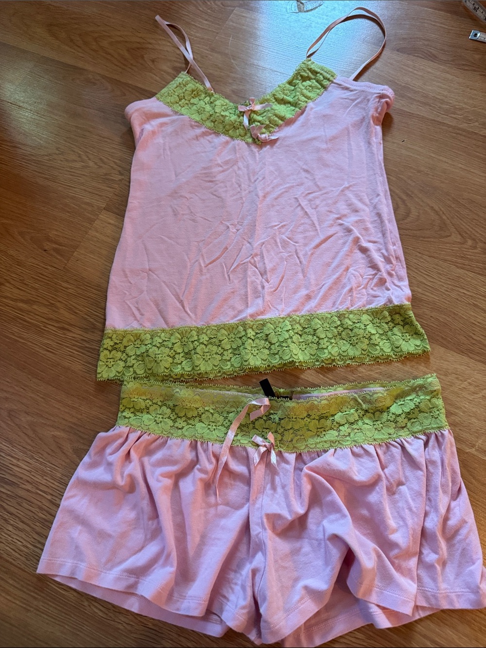 Spreegirl Pink & Green Lace Trim Cami & Shorts Pajama Set SZ Small mid 2000’s